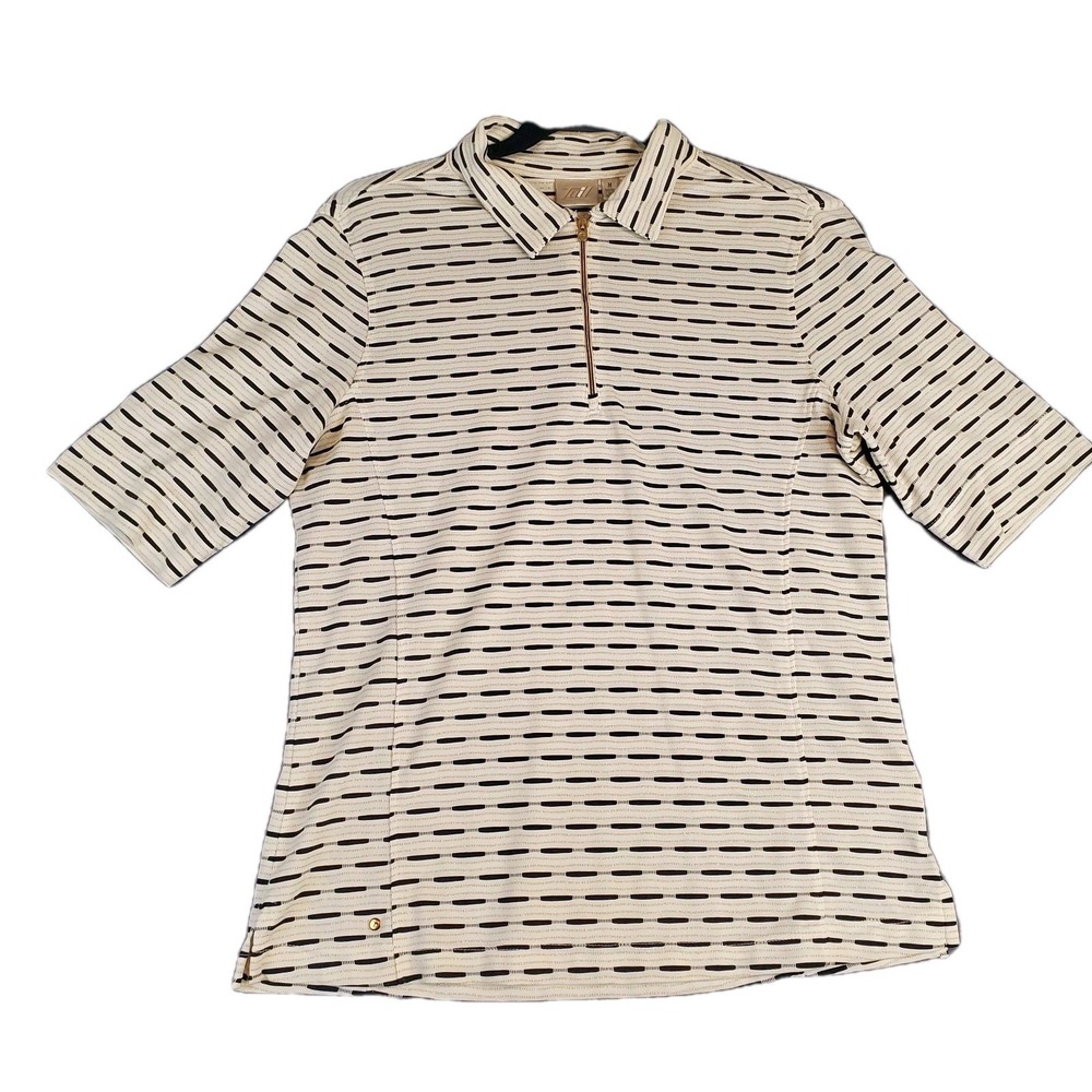 VTG Tail Tech Womens M White Golf Shirt Metallic Gold Black Stripes Lightweight